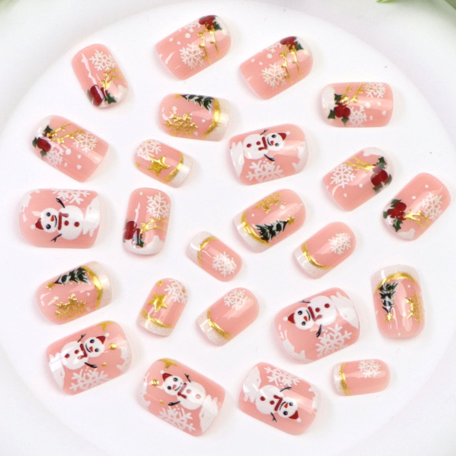 Christmas Press on Nails Short Square Fake Nails with Xmas Tree Snowflake Chr…