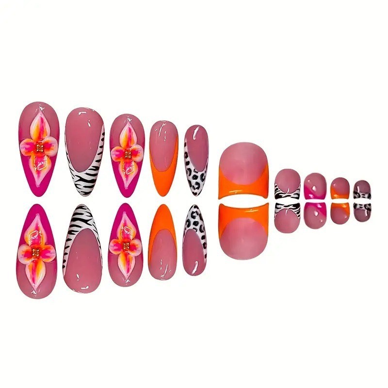 Press on Nail， Orange Pink Contrast Zebra Pattern, Long Fake Nail, 48 Piece Set