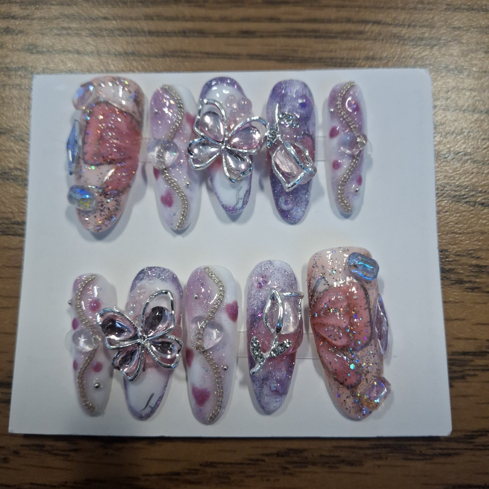Handmade Custom Medium Press On Butterfly Nails – 3D Charms Pink Purple Silver