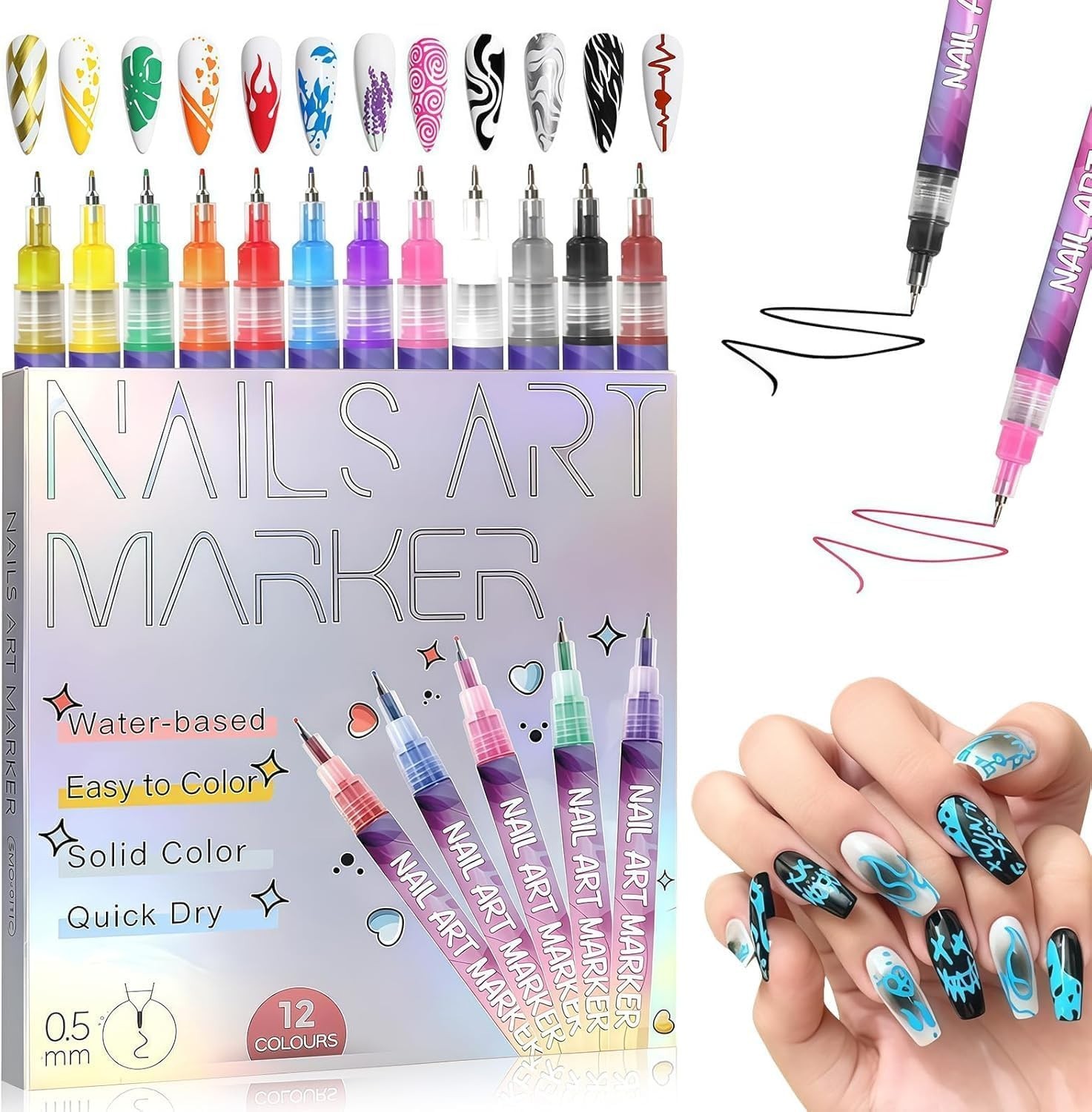12 Colors Nail Art Pens Polish Markers Quick Dry Kids DIY Painting Drawing Set