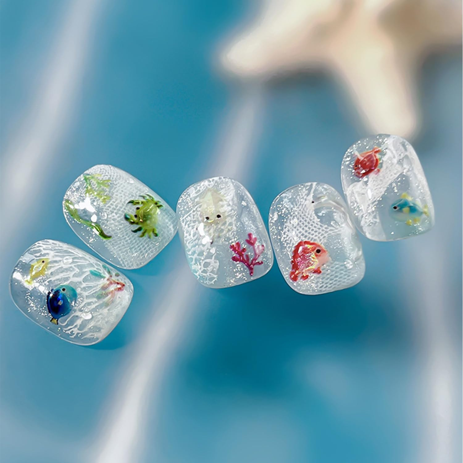 Aquarium Nail Stickers 1 PC 5D Ocean Fish Nail Decal Seaweed Coral Embossed Nail