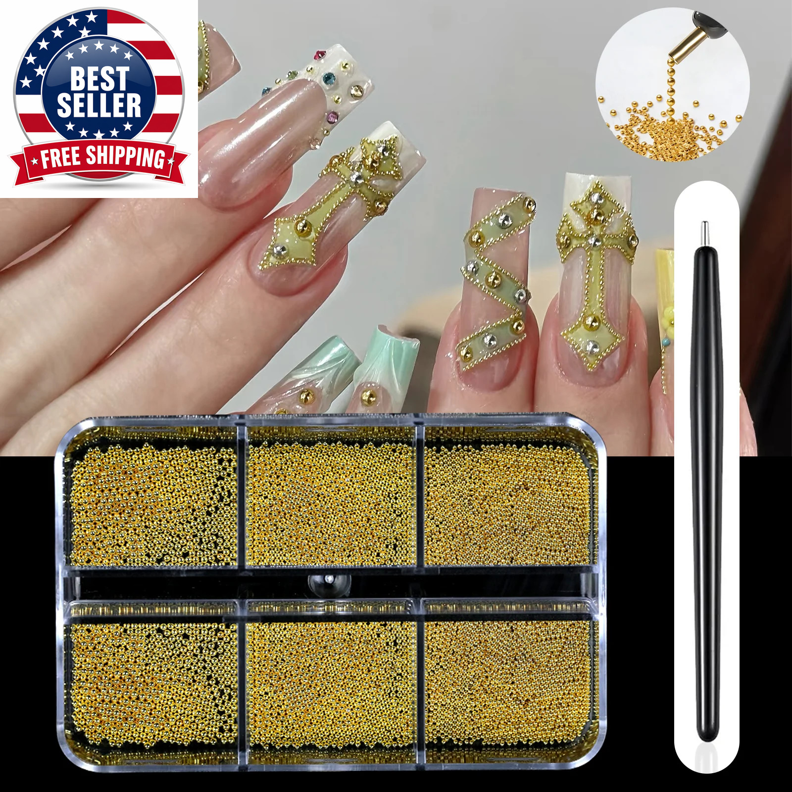 6 Grids Mini Caviar Beads Nail Art Decorations Metal Gold/Silver Micro Ball Nail