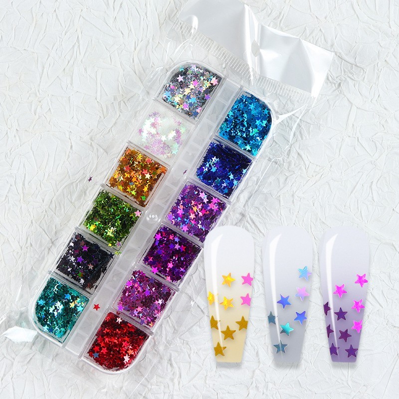 12 Grids Laser Five-Pointed Star Nail Art Glitter Sequins Flakes for DIY Nails