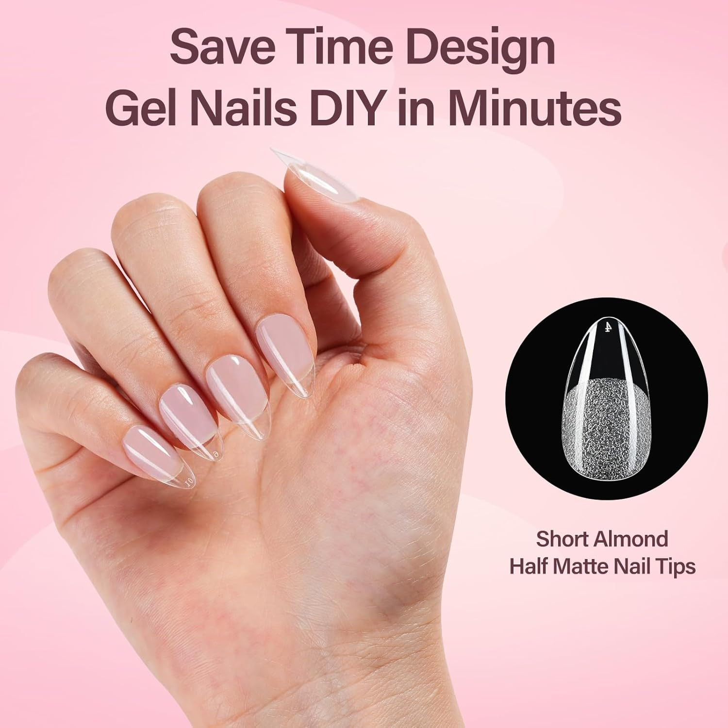 Short Almond Gel Nail Tips, 216Pcs Pre Etched Clear Fake Nails, Full Cover Soft