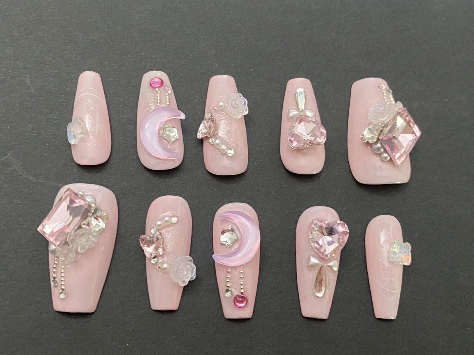 Diamond Shine Pink Nails- Custom Gel Press on Nails Handmade 10 pc set MEDIUM