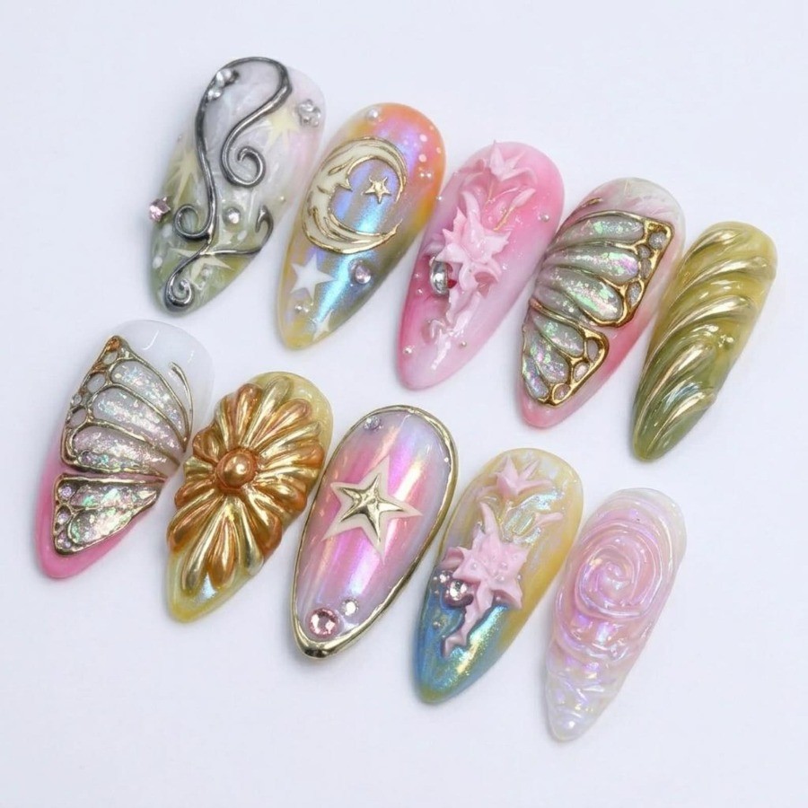 Galaxy Moon Handmade Press on Nails Butterfly Floral Iridescent Gloss Fake Nails