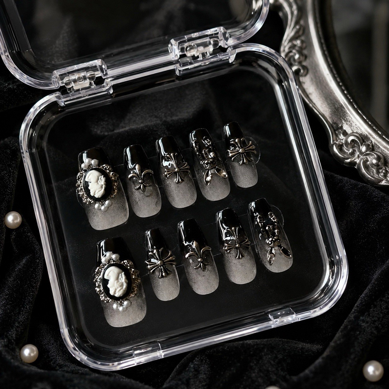 Press-On Nails Long Coffin Black & Gray 3D Full Cover Pre-Designed Gothic