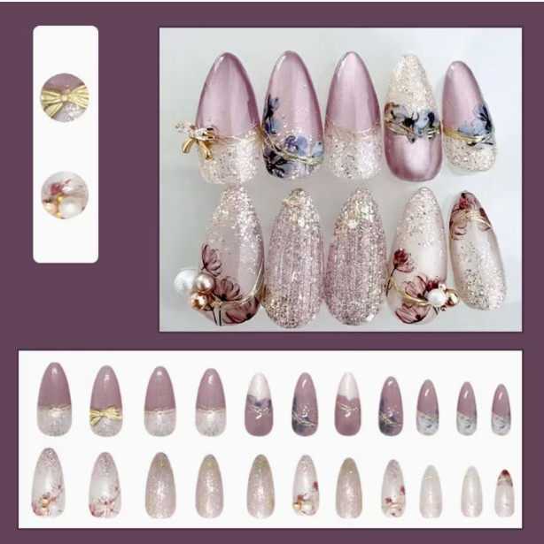 24 Pcs Press-On Nails Long Almond Shiny Light Purple Cateye w/3D Embellishments