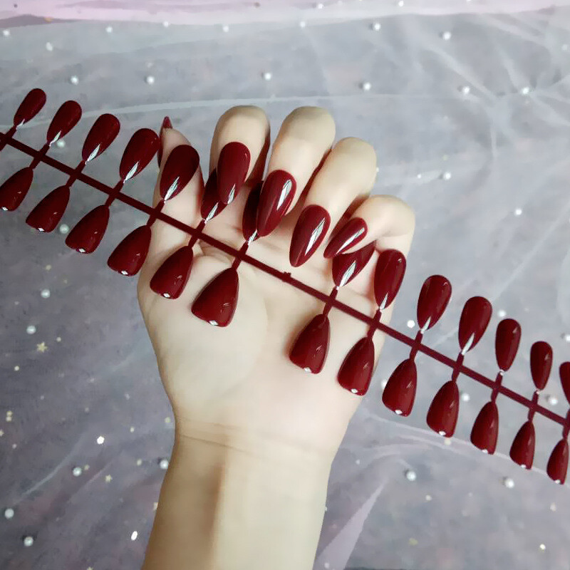 28Pcs False Nail Almond Armor Long Fake Nails Water Drop Patch Press on Nails