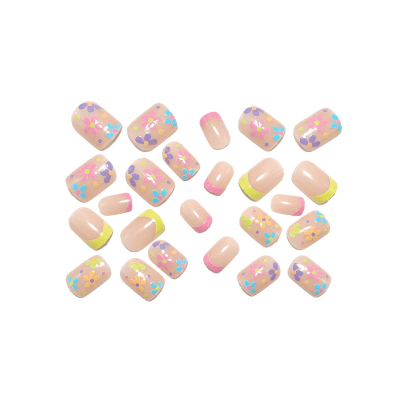 48 Pcs Pastel Floral Color French Short Square Press on Nails, Soft Fake Nails