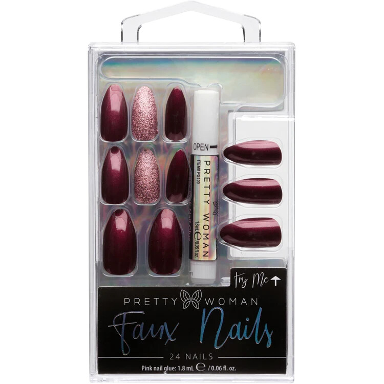 Pretty Woman Faux Nails—-Deep Red Color—Glue Included-24 Nails