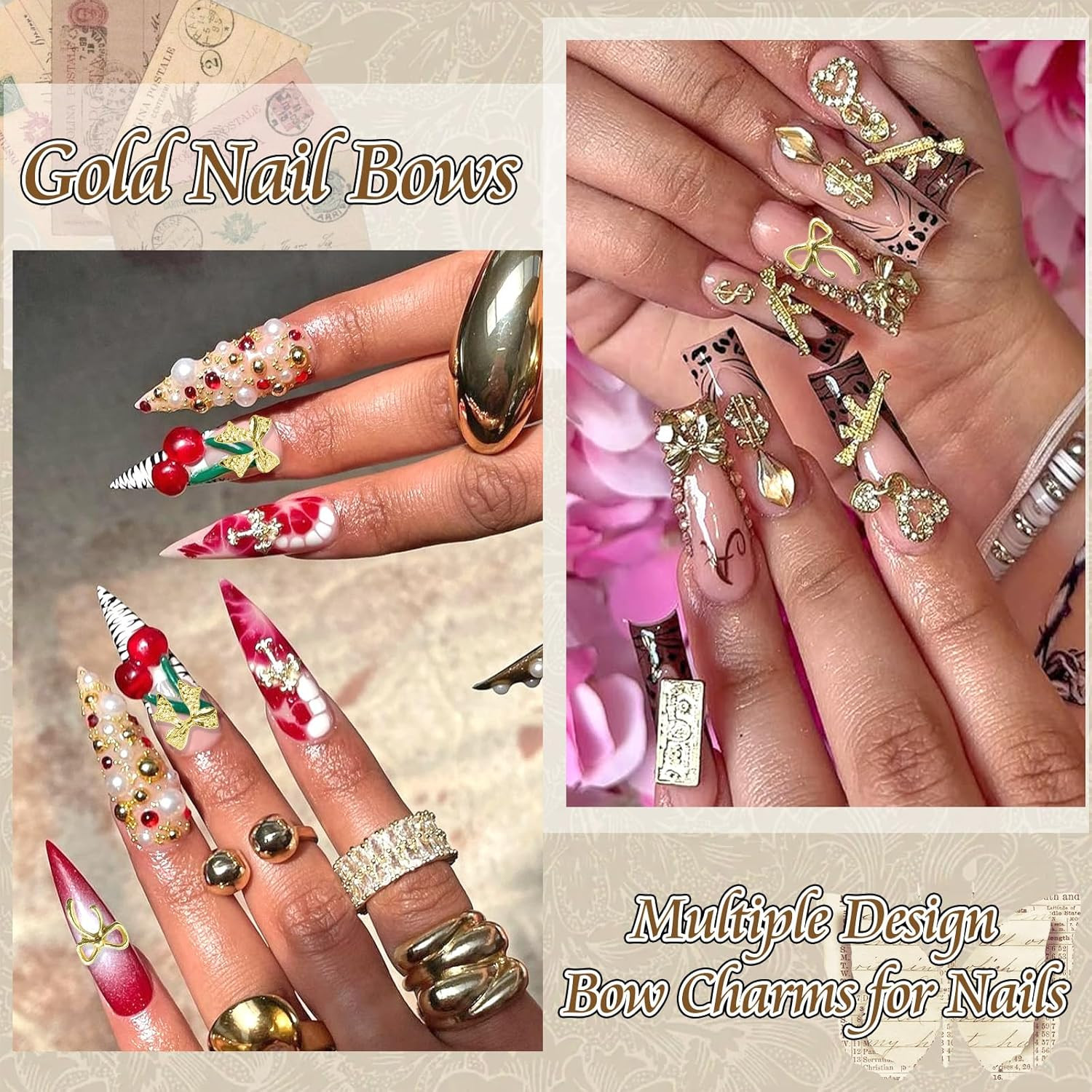 80PCS Gold Bow Charms 8 Styles Metal Alloy Bowknot Gems 3D Nail Art Decoration C
