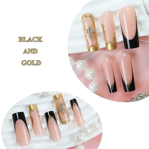Press on Nails Long Square, Black Gold French Tip Fake Nails Glue 9009 Gold
