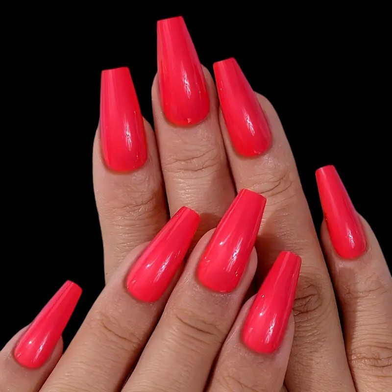 24pcs Vibrant Red Long Square Glossy Full Cover Coffin Shaped Press On Nails.