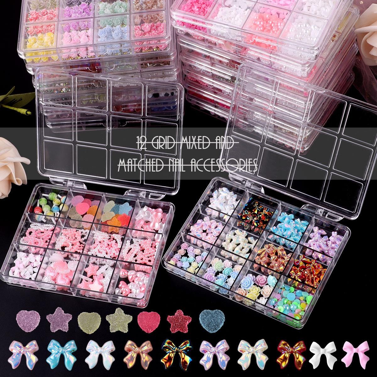 Mixed Flatback Gems & Charms Kit, Bows Flowers Alloy Resin Nail Art Storage Box