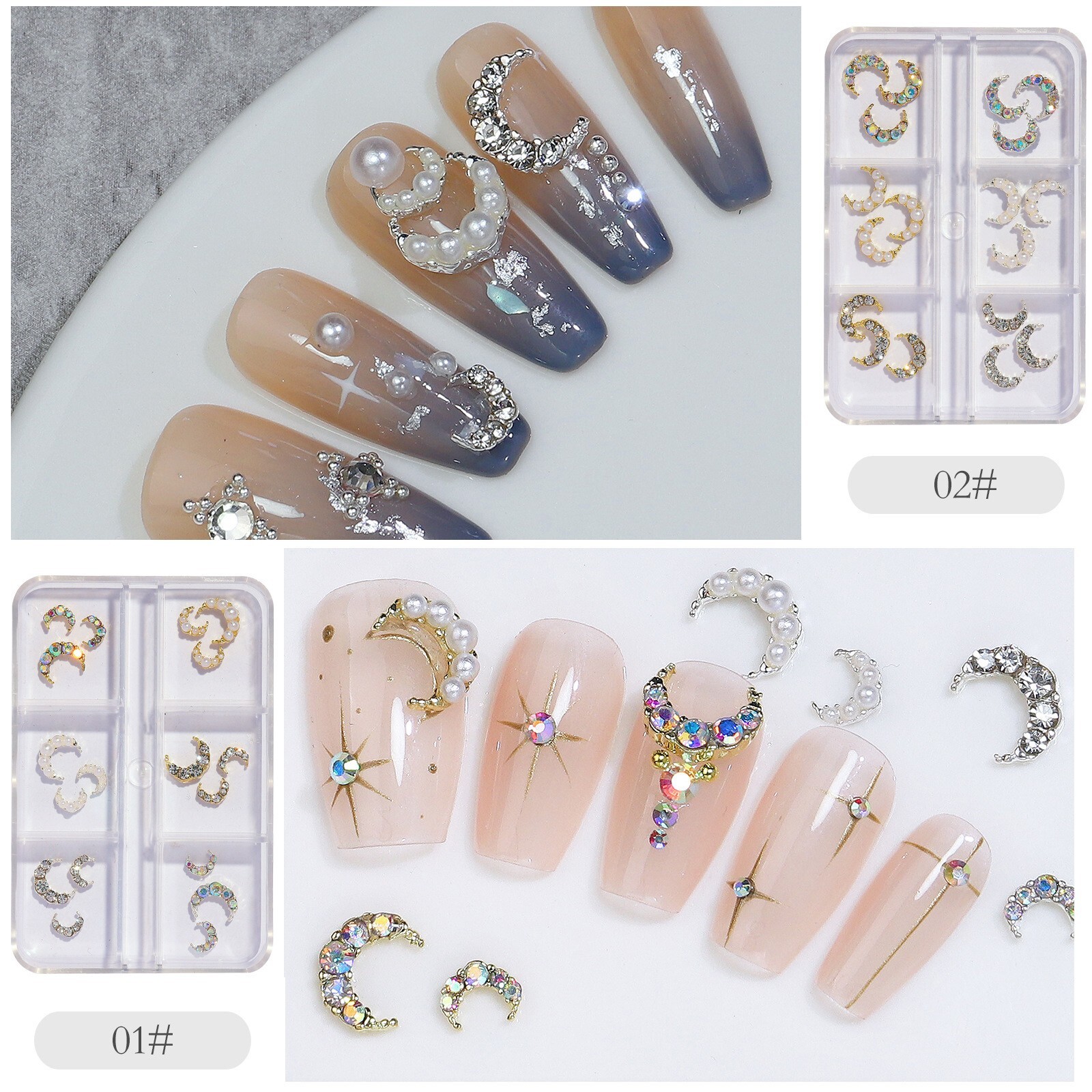6Grids/Box 18pcs Moon Shape Nail Art Alloy Shiny Rhinestones Nails Decoration
