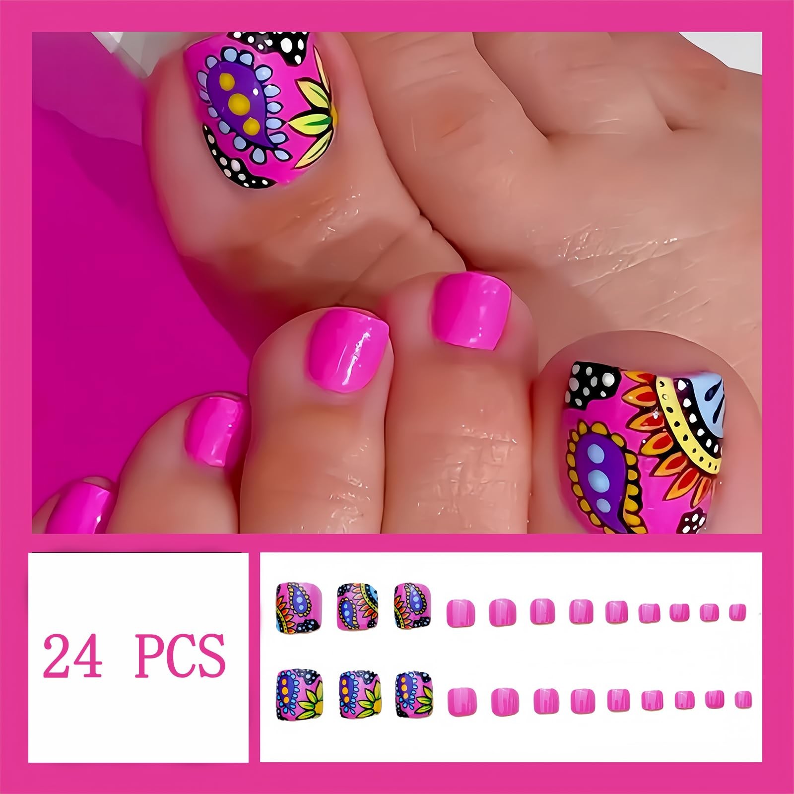 24PCS Hot Pink Press on Toenails Short Square Fake Toenails Summer Toe Press on