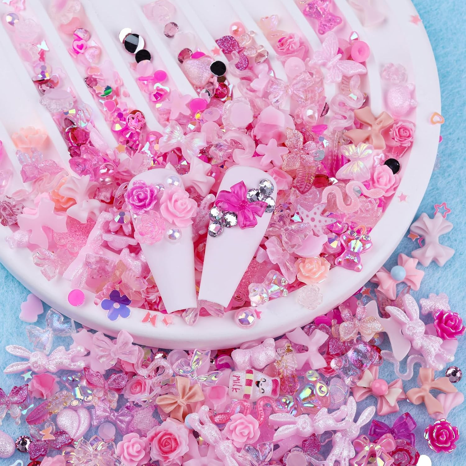 300Pcs Nail Art Charms Kit,Over 100Pcs Mixshape Resin Gems and 100 Pcs Mixed Fla