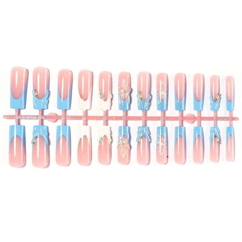 48pcs Long Square Press on Nails, Blue White Lace Flower Pearl Rhinestone Nails