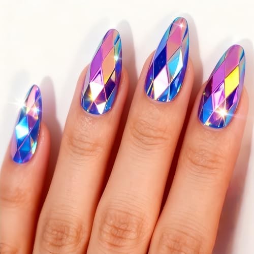 Almond Press on Nails Medium Length Fake Nails Purple Chrome Almond Style 08-1