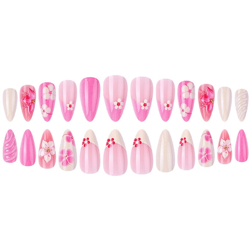 48pcs Almond Press on Nails, Pink Yellow 3D Flower Hand Paint Summer Nails
