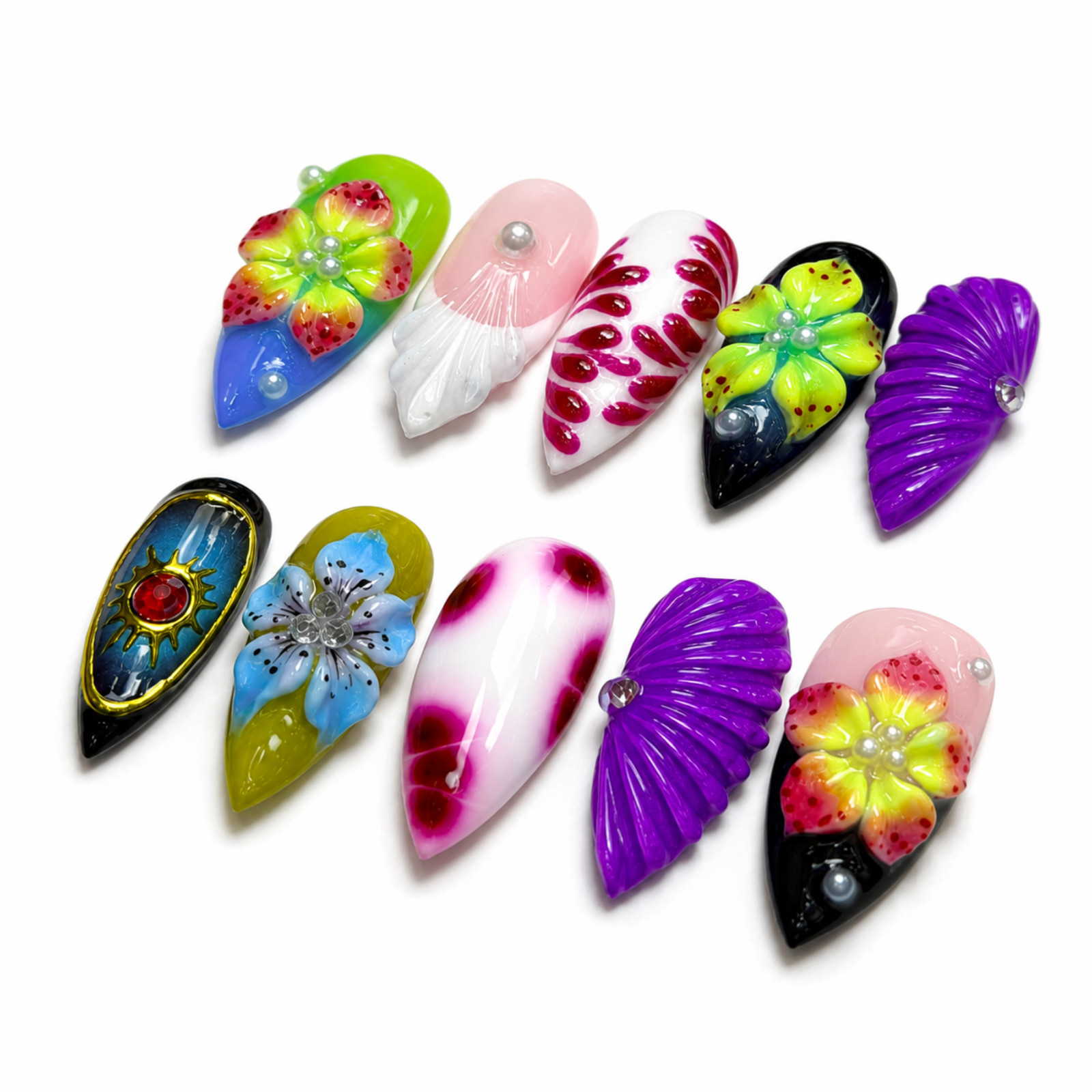 Handmade Colorful 3D Floral Shell Press On Nails Pearl Gem Set