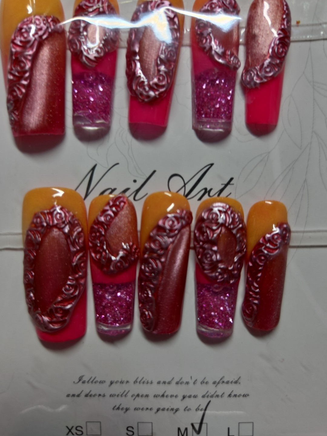 Press On Nails Handmade Medium Pink and orange bangle themed water nails