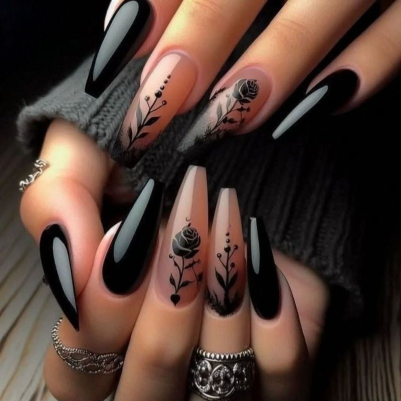 48pcs-Black Rose Press on Nails, Long Stiletto Nude Gradient Gothic Fake Nails
