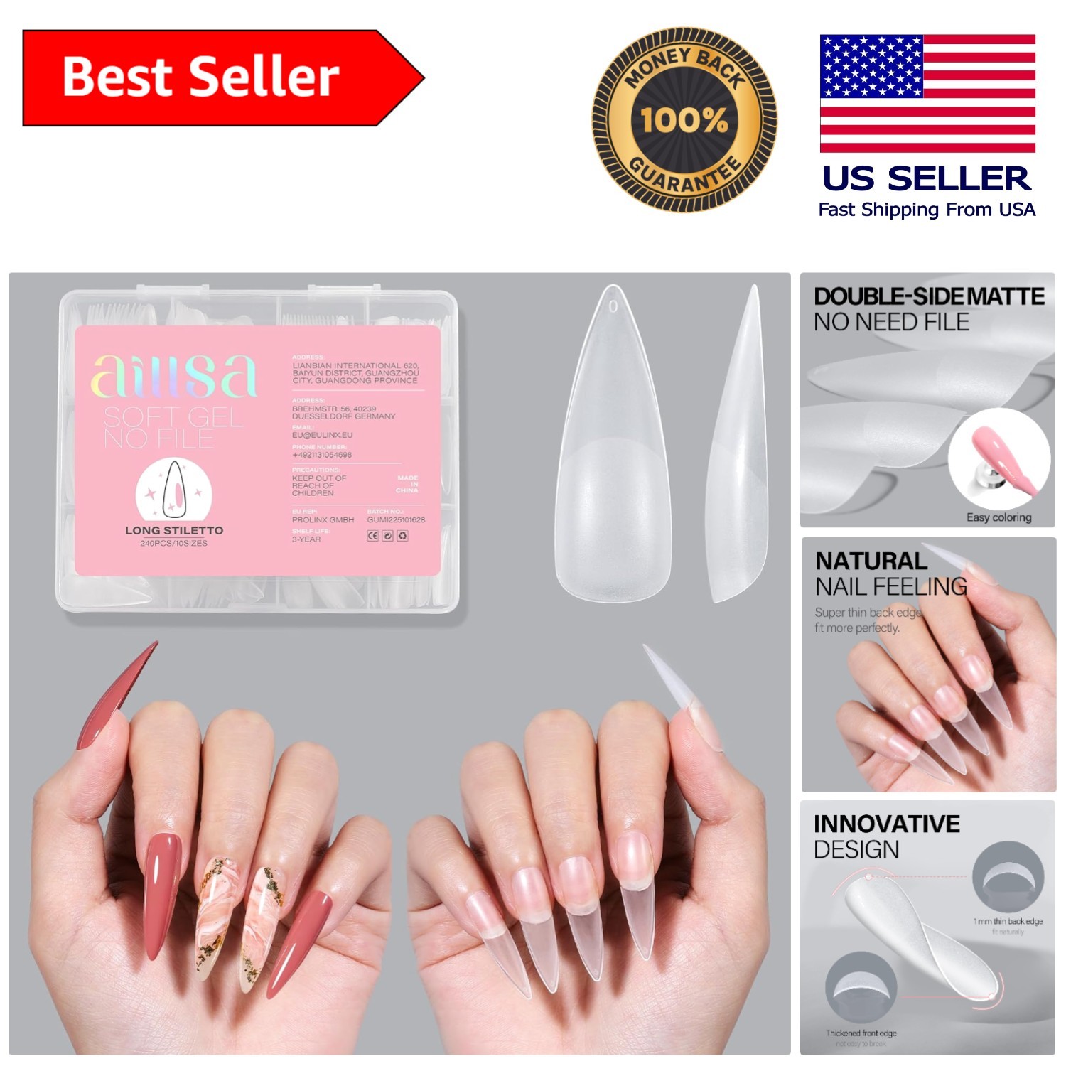Luxury Matte Gel 240pcs Long Stiletto Nail Tips – No Filing, Perfect Fit!