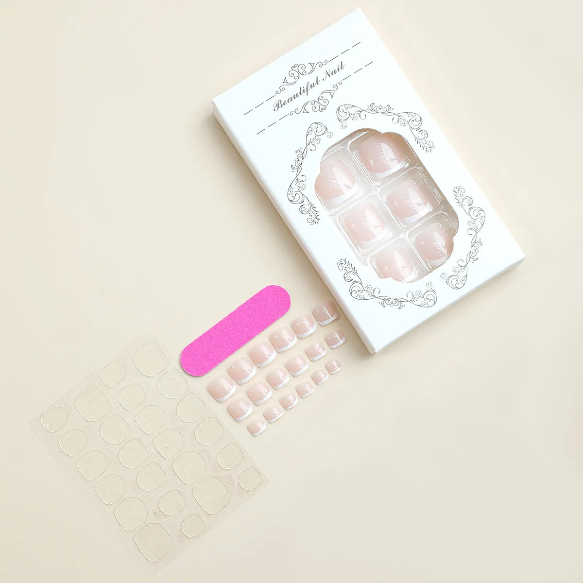 French White Edge False Toe Nails Simple Wearable Removable Press On Toenails 24