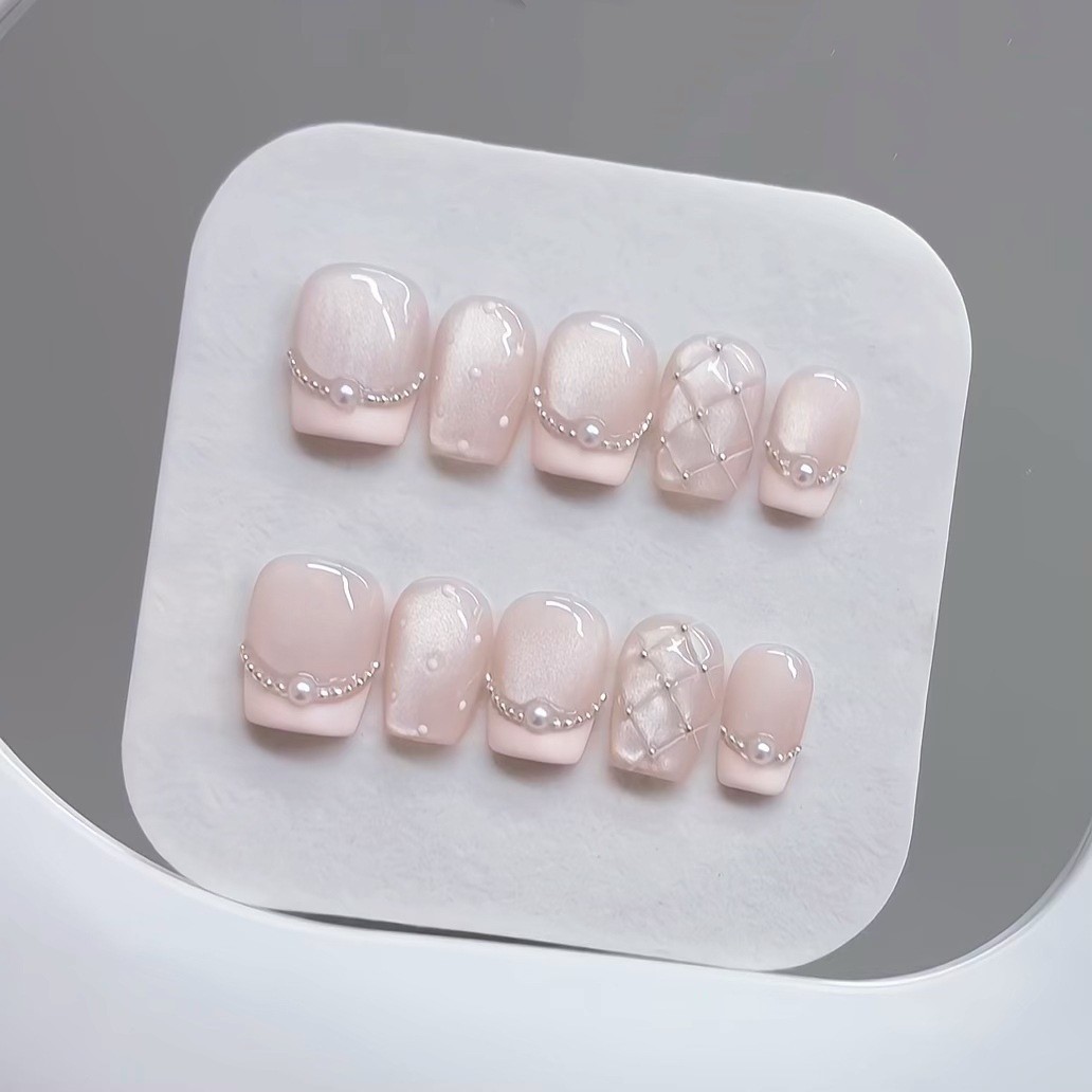 10pcs Handmade Press on Nails Plaid Pearl French Cat’s Eye Aurora False Nails