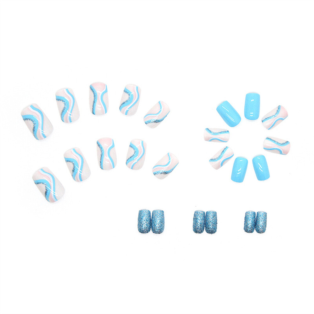 Blue Waves Winter False Nail Short Square Press on Nails for Nail Art 24pcs