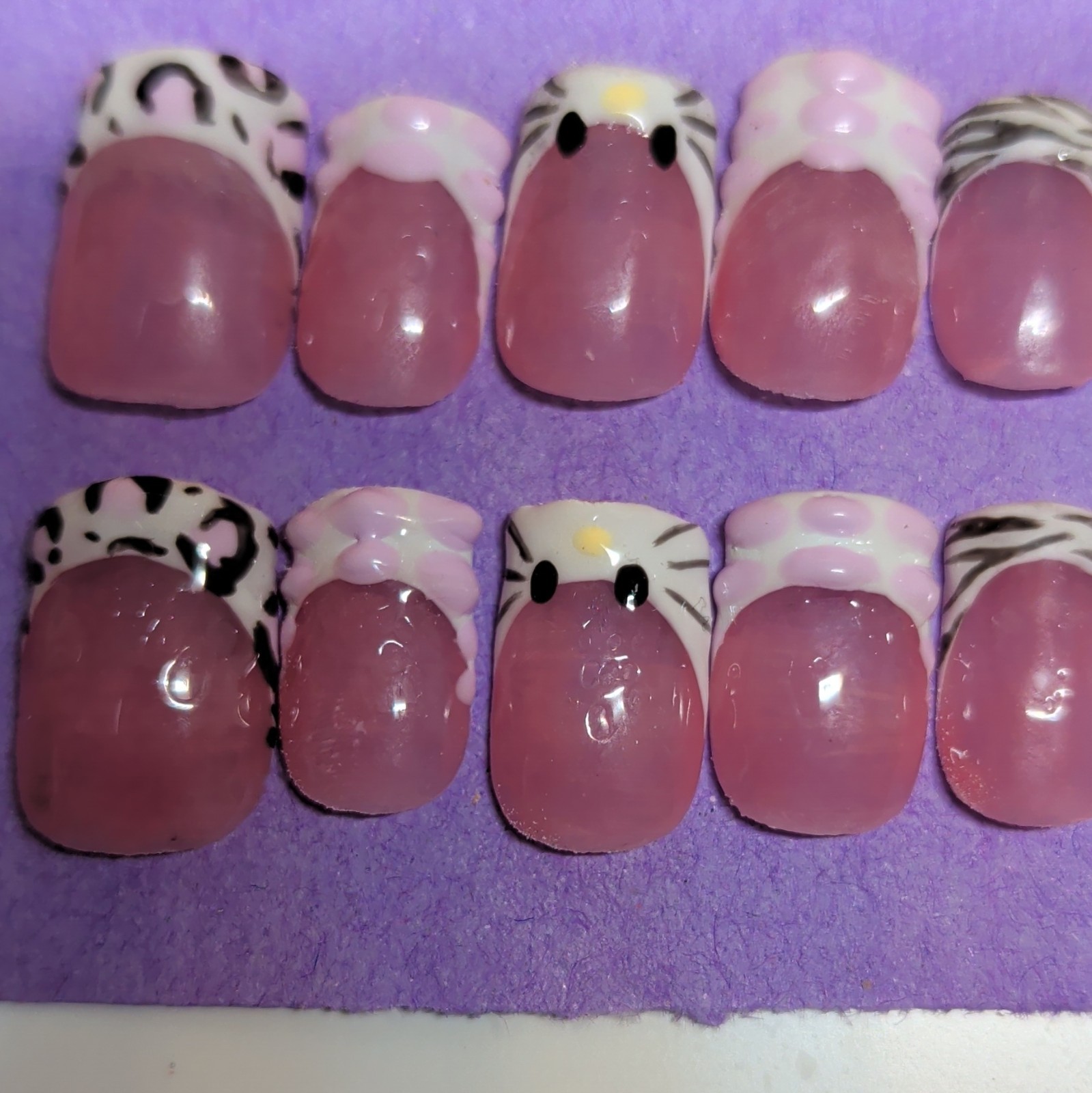 10 Piece Short Square Press-On Nails, Pink White Black 3D Shiny Animal, Handmade