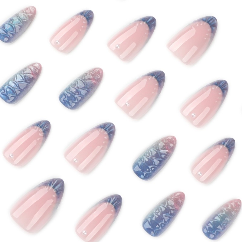 Salon Quality French Blue Fish Scale Press On Nail Almond Shape Easy To Apply