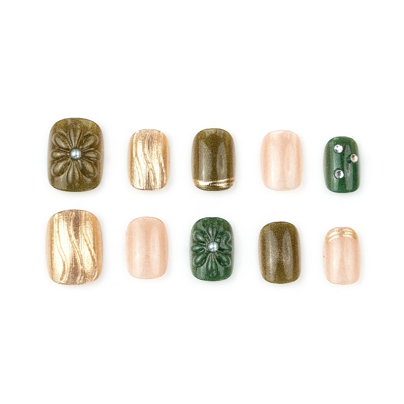 30Pcs-Dark Green 3D Flower Short Square Press on Nails Metallic Rhinestone Tips