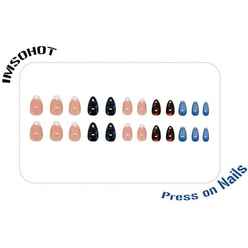 Oval Press on Nails Short Fall Fake Nails Blue Ombre, Brown Amber 92-04Blue