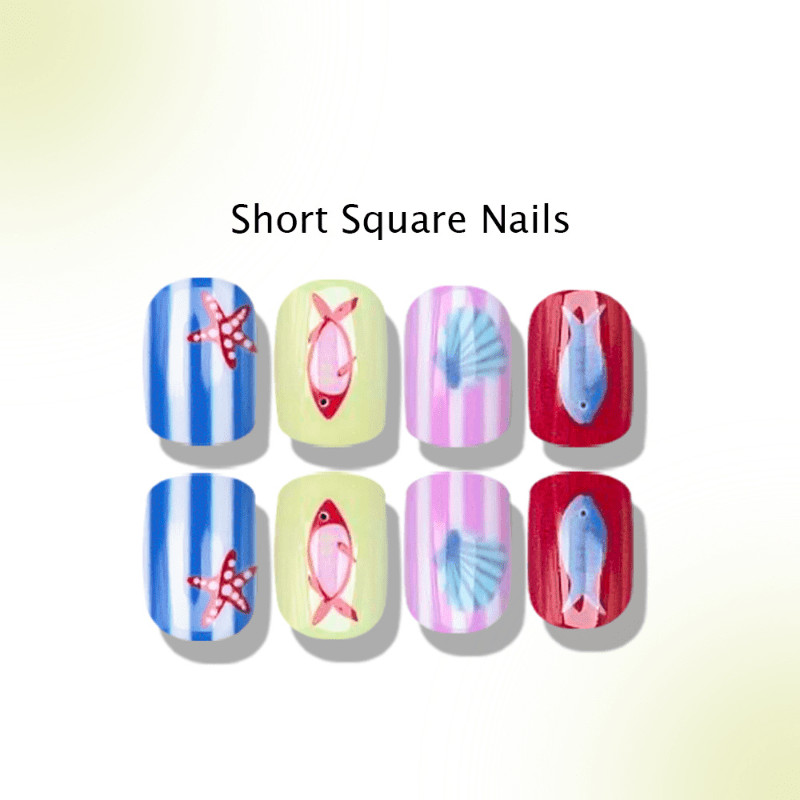 48Pcs Cartoon Fish Starfish Short Square Press on Nails, Lovely Beach Fake Nails