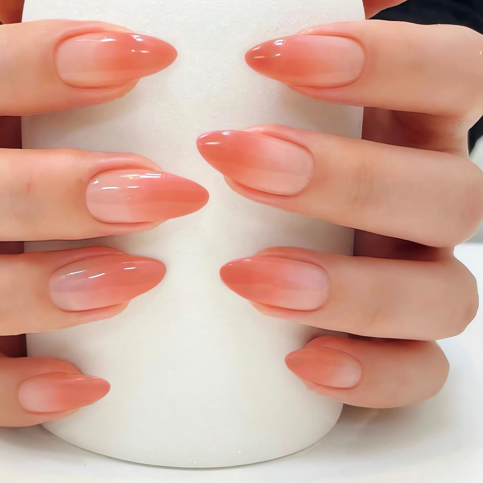 Press on Nails Almond, Ombre Nude Coral Pink, Glossy Fake Nails