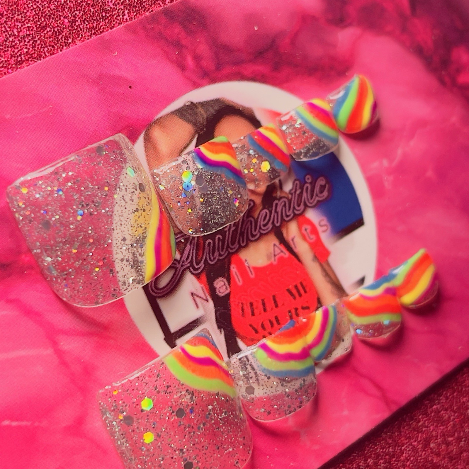 Authentic Nail Arts by Dia Square Press-On Toe Nails Rainbow Glitter Shiny Short