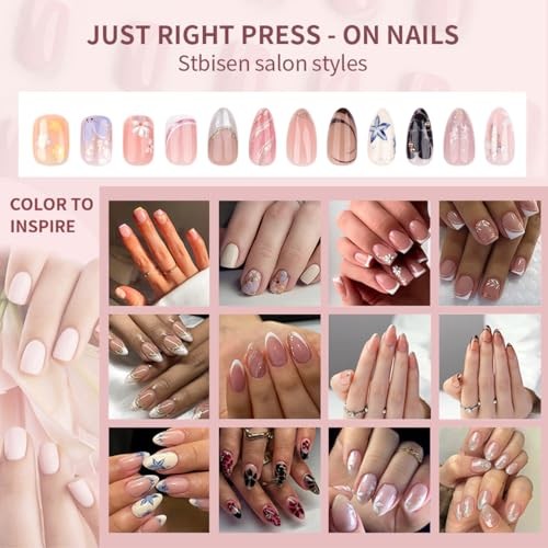 French Press On Nails Short Square, Nude Fake Nails with White 27-Gilded Wave