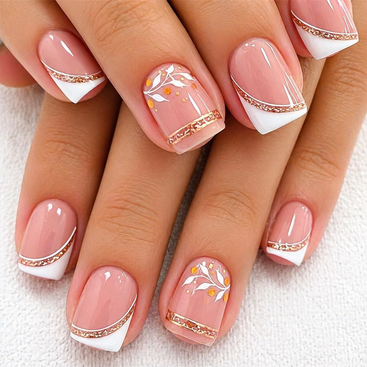 French Press on Nails Short Square – Nude Fake Nails Press ons with White Fre…