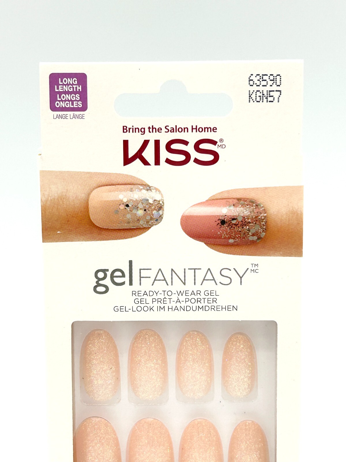 Kiss Glue-On Nails, Long-Length Peach Glitter Smooth Finish, Glue Included 63590