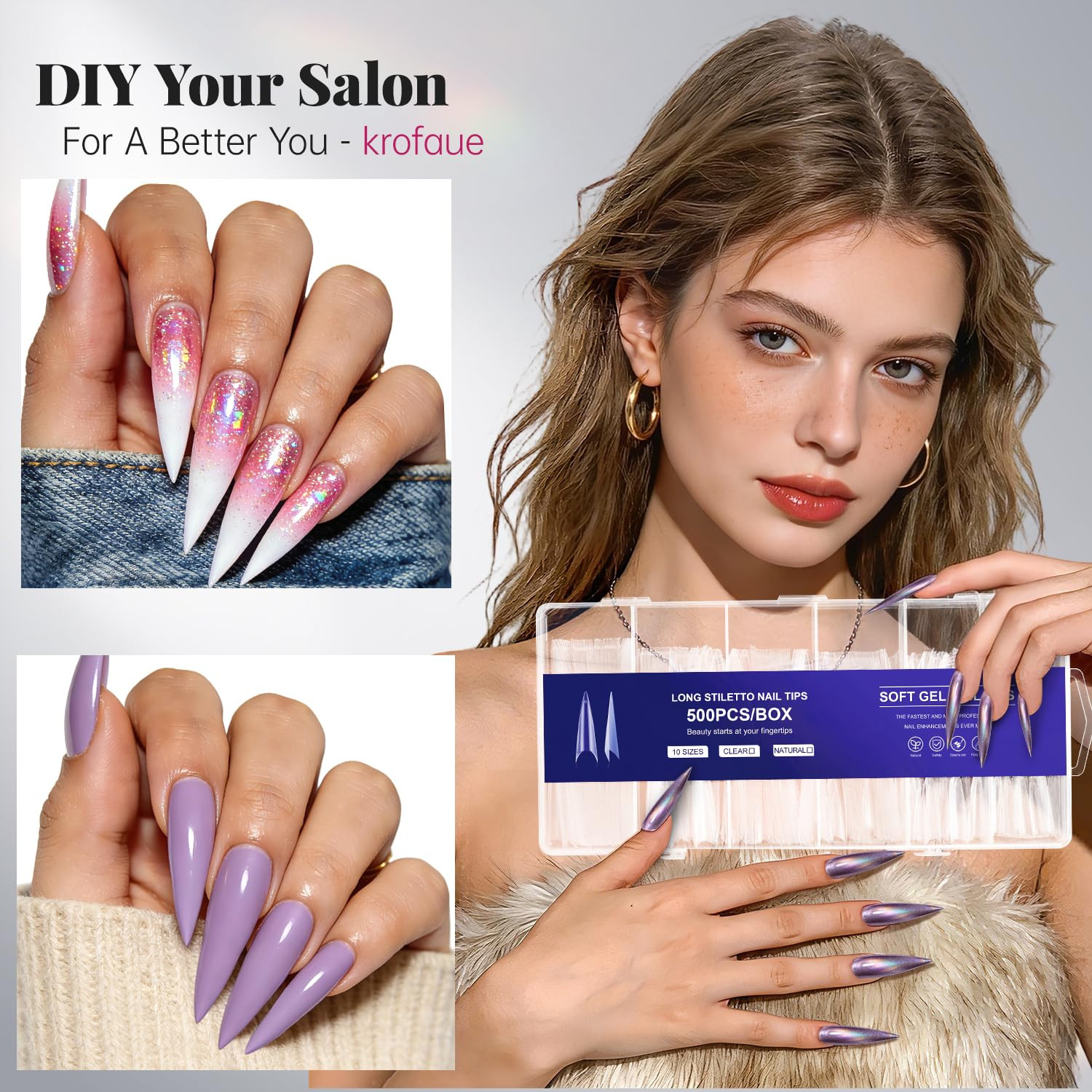 Extra Long Stiletto Nail Tips – 500PCS False Clear Nais with 10 Sizes Half Cover