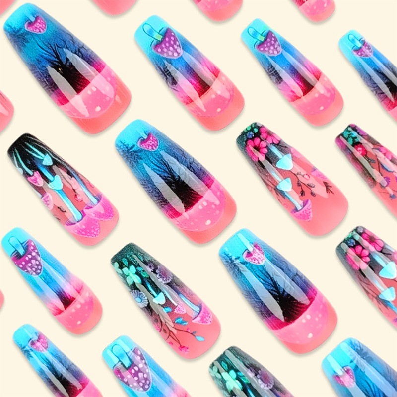 Glowing Mushroom Press on Nail, Medium Coffin with Pink Blue Floral and Neon Art
