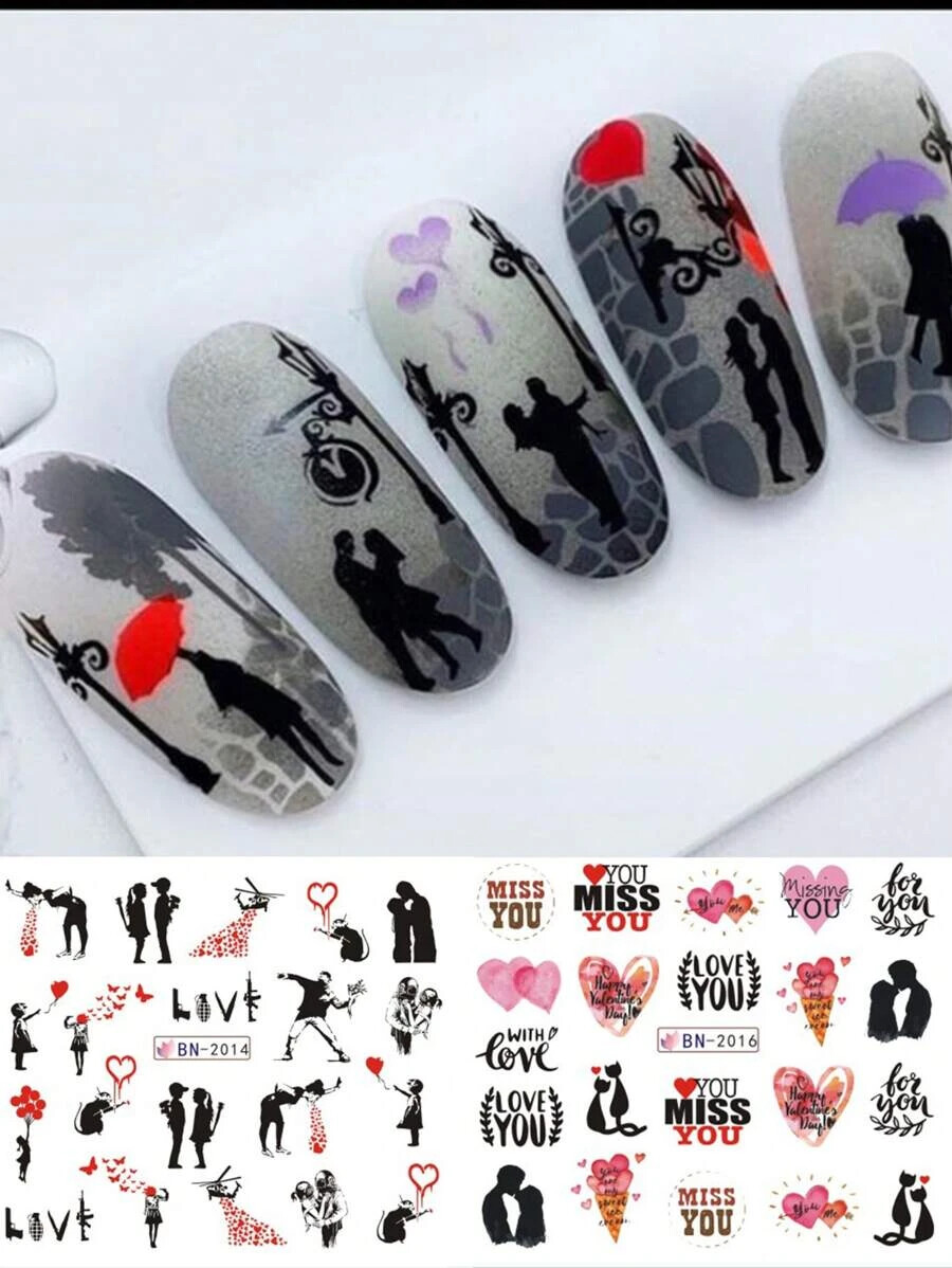 12 x Nail Stickers Valentines Day Art Water Decal Love Heart Sheets