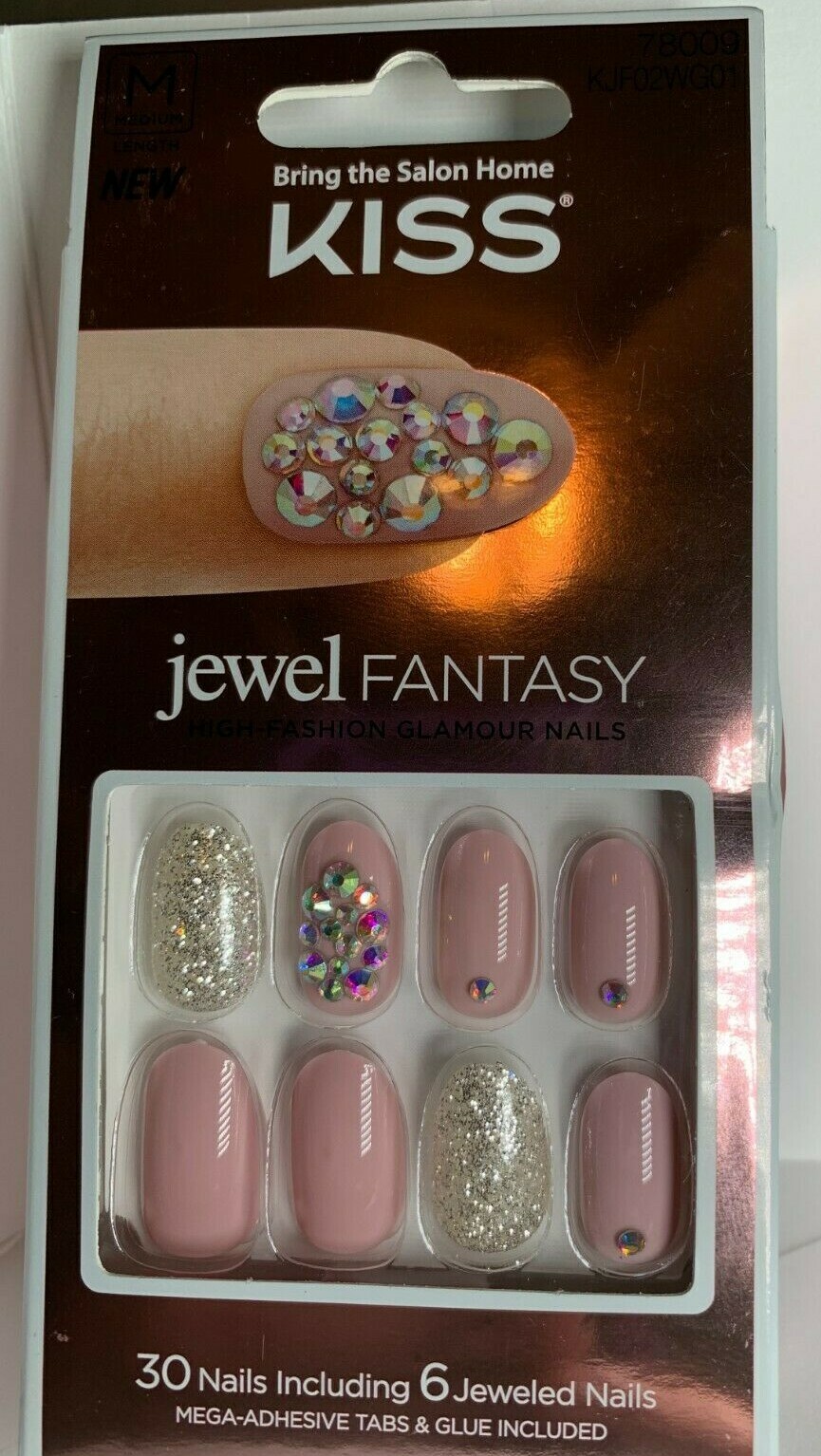 Kiss Nails Jewel Fantasy Glue or Press on Medium Pink Silver Glitter with jewel