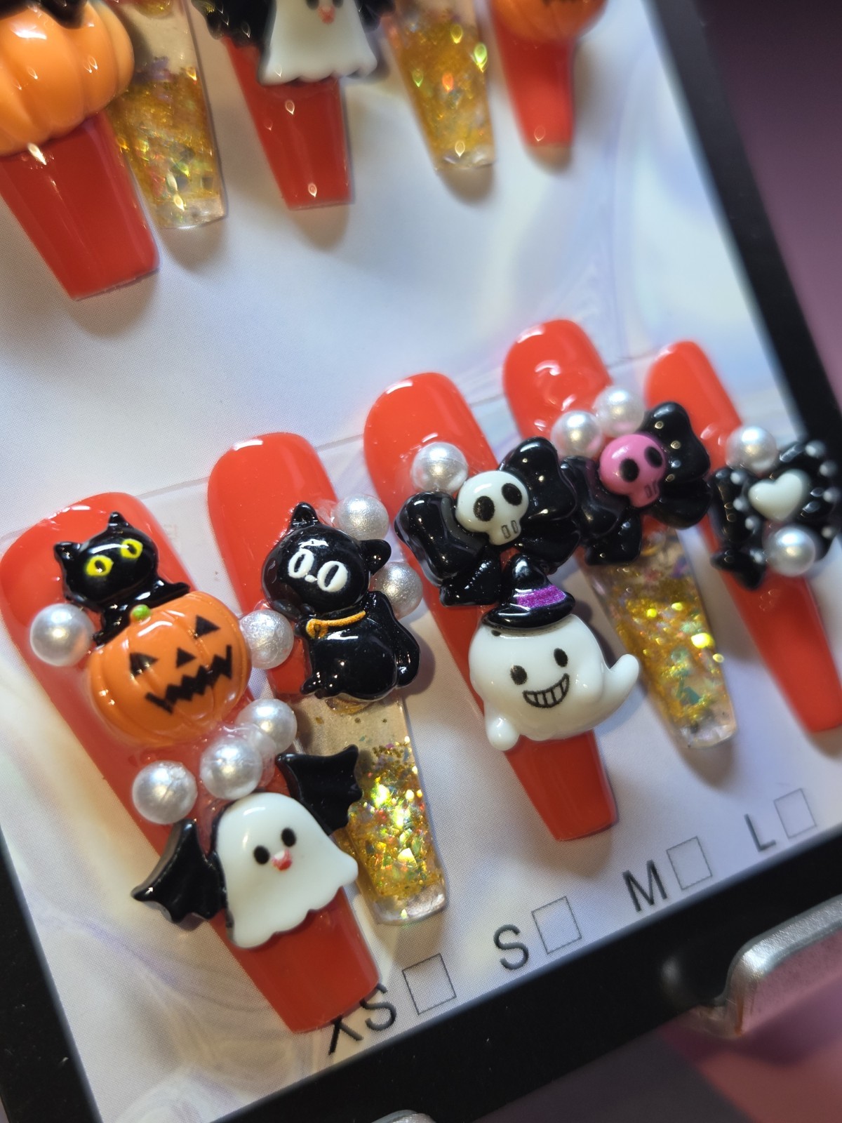 Press On Nails Handmade Medium, Orange,halloween, Snowglobe, Water Aqua Nails