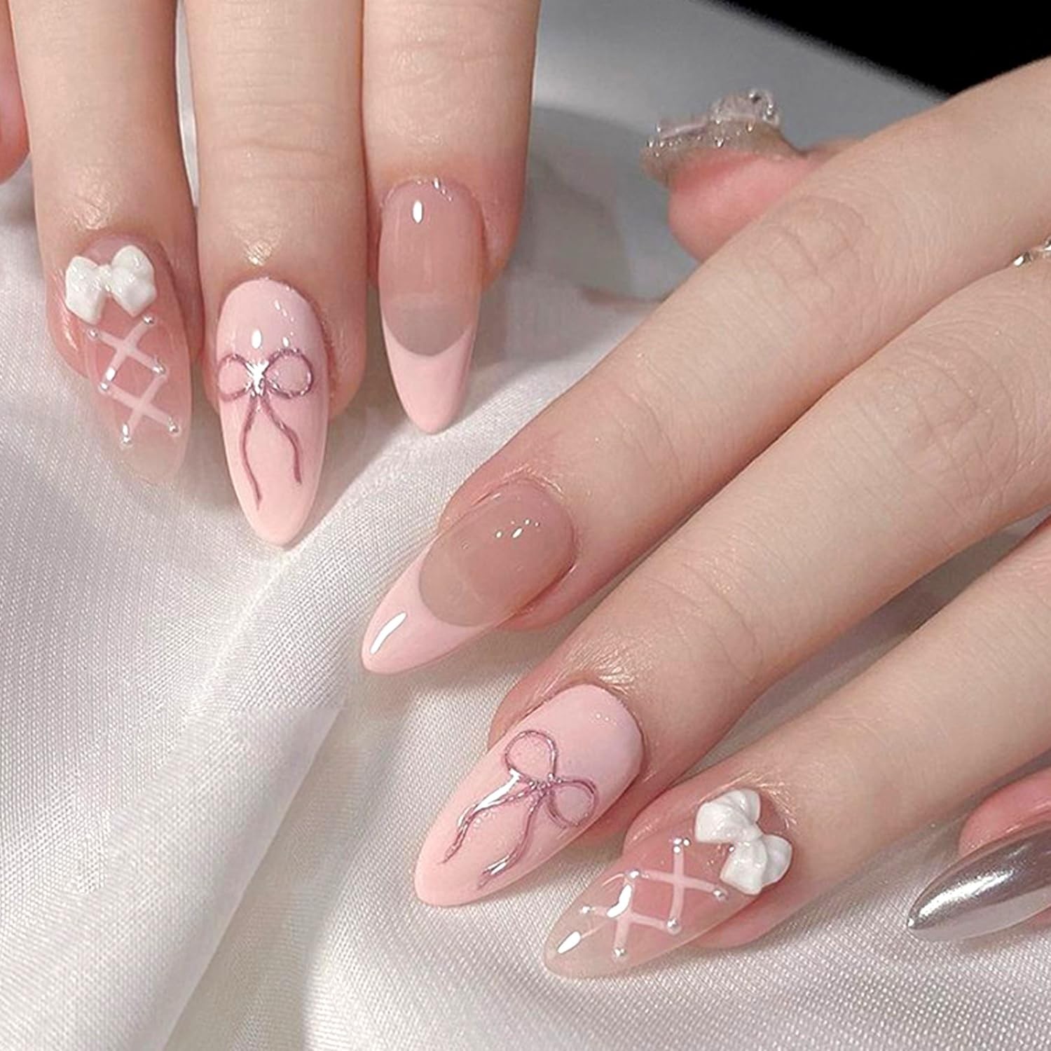 144 Reusable Press-On Nails Set | 12 Sizes, 6 Styles, Cute Bow Design