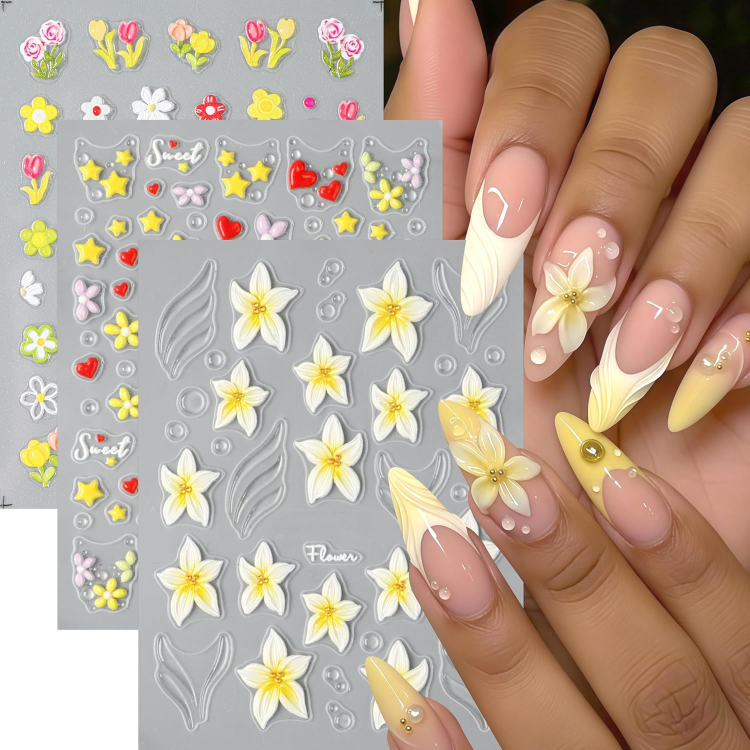 3Sheets Flower Nail Art Stickers Decals 5D Embossed Hibiscus Nail Stickers Lily