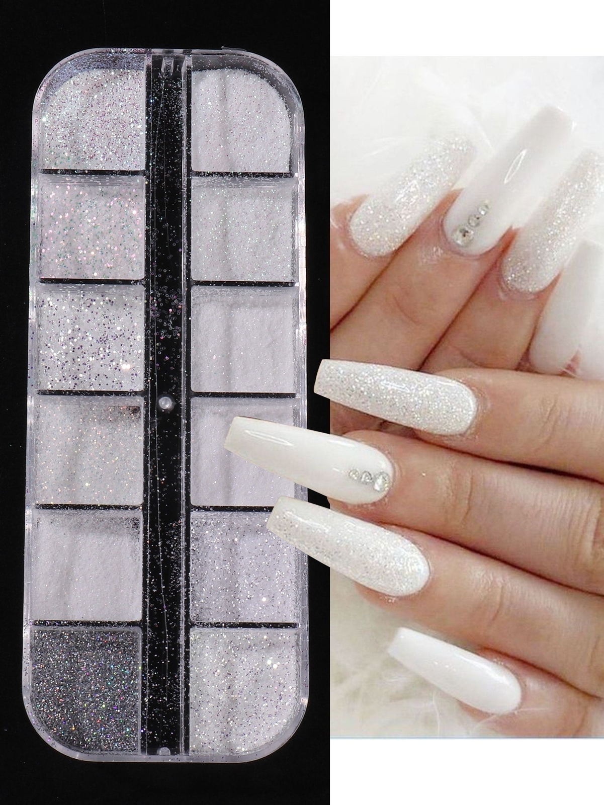 =Sugar Nail Glitter Powder, 12 Grids Iridescent Sandy White Color Nail Glitter